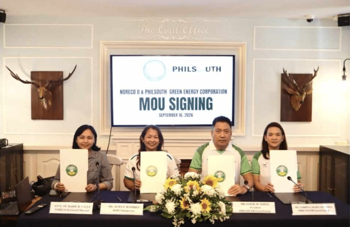 (L-R) NORECO II General Manager Atty. Fe Marie Tagle, NORECO II Board Chairperson Ms. Alma Ramirez, PGEN President Mr. Louie M. Tijing, and PGEN Board Director Ms. Sabrina Maryam U. Tijing during the formal signing of the Memorandum of Understanding (MOU) between Negros Oriental II Electric Cooperative, Inc. (NORECO II) and Philsouth Green Energy Corporation (PGEN).
